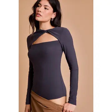 Front Twist Cut Out Detail Long Sleeve Bodysuit