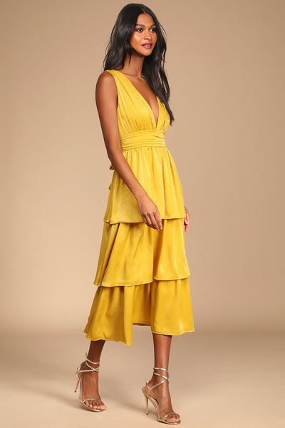 LULUS Peak Party Vibe Satin Tiered Tie-Back Midi Dress