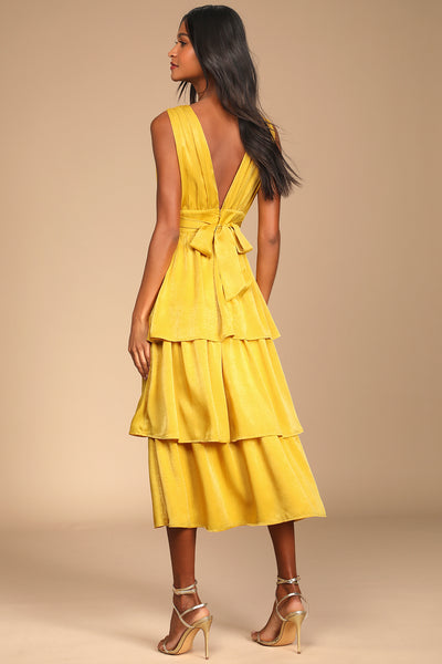 LULUS Peak Party Vibe Satin Tiered Tie-Back Midi Dress
