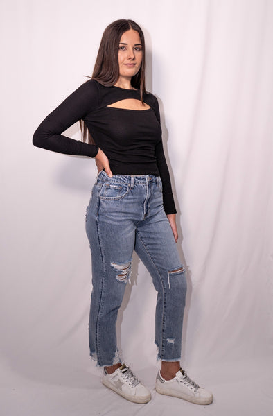 High Rise Straight Distressed Jeans
