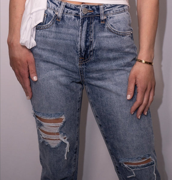 High Rise Straight Distressed Jeans