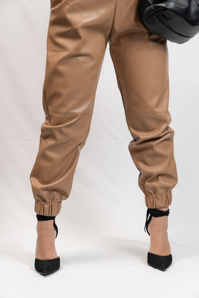 CALIA Women's Ath-Leather Faux Joggers Pants Size Color Neutral Tan Beige  XXL 